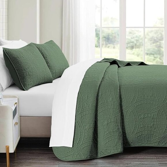 NEW! 3 Piece Queen Quilt Bedding Set,Olive Green Ultrasonic Full/Queen Quilt Set - Picture 4 of 7